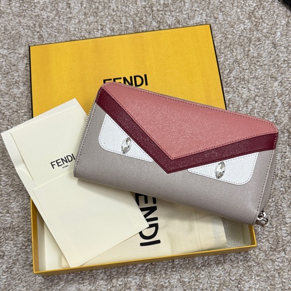 Fendi Handbags - Fendi Leather Zip Wallet in Pink, Taupe and Burgundy